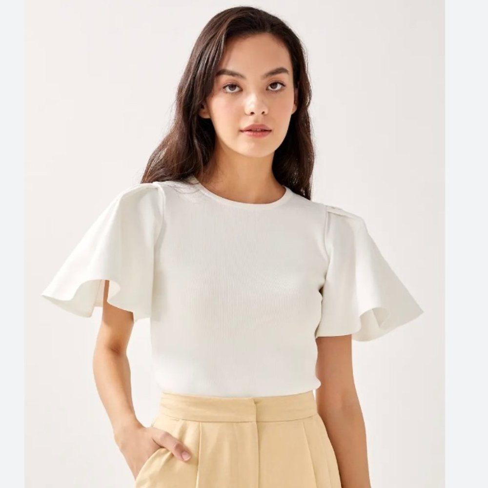 Love Bonito White Knit Flutter Ruffle Sleeve Top